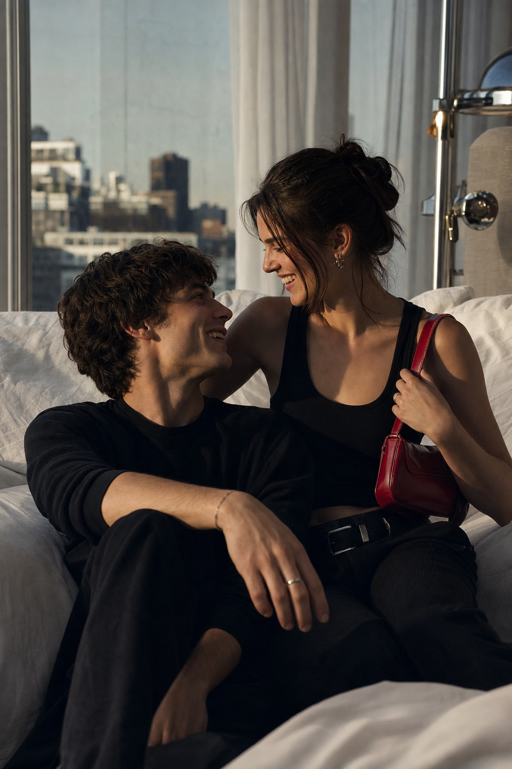 Young adults laughing and holding eye contact in a modern fashion campaign scene